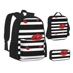 Roter Mund bedruckt in schwarz und weiß gestreift, niedlich, personalisiertes Rucksack-Set von 3 Stück (Bleistiftetui + Rucksäcke + Lunch-Tasche-Kombination) von MQGMZ