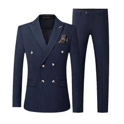 MQMYJSP Lässiger Boutique-Anzug für Herren: Zweireihig, einfarbig – zweiteiliges Set (Blazer, Jacke, Hose) Navy L von MQMYJSP
