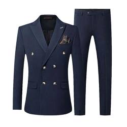 MQMYJSP Lässiger Boutique-Anzug für Herren: Zweireihig, einfarbig – zweiteiliges Set (Blazer, Jacke, Hose) Navy M von MQMYJSP