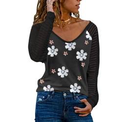 Damen Sweatshirt mit Blumendruck Lange Ärmel Pullover V-Ausschnitt lockeres lässiges Oberteil Pullover T-Shirt Tunika Oberteile Hemd (A-Schwarz/XL) von MQYXGS