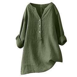 Sommerhemd aus Baumwoll-Leinen, mit Knopfleiste, Henley-Ausschnitt, lange Ärmel, unregelmäßiger Saum, einfarbig, schlichtes Bluse, fließend, lässig, T-Shirt, armee-grün, 54 von MRGIINR