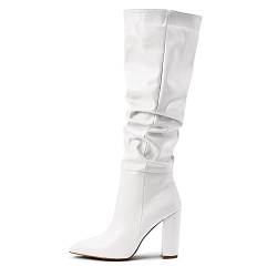 MRKEWUNEY Damen Elegant Dress Stiefel Knee High Zipper Slim Hohe Stiefel Pointed Toe Block Heels Pleated stiefel Hochzeit Party Heels Lange Stiefel White Size 40 von MRKEWUNEY