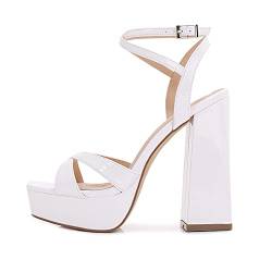 MRKEWUNEY Damens Plateau H?he Ferse Sandalen Chunky Heels Square Toe Knöchelriemchen Schnalles Schuhe Romisch Sandalen Party Dress Pumps Schuhe White Size 38 von MRKEWUNEY