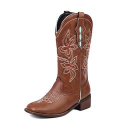 MRKEWUNEY Klassischer Cowboy Stiefel für Frauen White Cowgirl Stiefel Low Heel Western Stiefel Blume Embroidery Pull on Wide Calf Stiefeletten Brown Size 47 von MRKEWUNEY