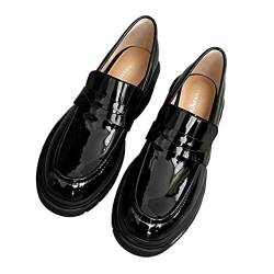 MRKEWUNEY Loafers für Frauen Plateau Chunky Heel Ohne Verschluss Penny Loafers Runde Zehen Low Heel Loafers Uniform Dress Schuhe Lack Black Siz 36 von MRKEWUNEY