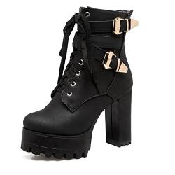 MRKEWUNEY Mode Damens Absatz Chunky Kn?chel Stiefel Schnüren Plateau Heels Stiefeletten Zipper Kurze Stiefel Buro Dress Stiefel Black Size 40 von MRKEWUNEY