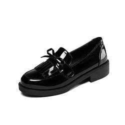 MRKEWUNEY Plateau Loafers für Frauen Chunky Heels Loafers Fransed Ohne Verschluss Penny Loafers Runde Zehen Low Loafers Schule Schuhe Lack Black Siz 45 von MRKEWUNEY