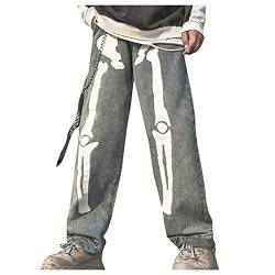 MRULIC Coole Hosen Für Mädchen 11 Jahre Lockere Damen-Jeans mit Totenkopf-Print, hoher Taille, geradem Bein, Knöpfen und Tasche Klamotten Teenager Mädchen Hosen von MRULIC