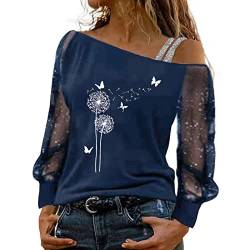 MRULIC Damen Pullover Langarm Schulterfrei Off Shoulder Drucken Mesh T-Shirt Bluse Tops Casual Langarmshirt FrüHling Herbst Oberteil Blusen Tuniken(A2 Blau,XXL) von MRULIC