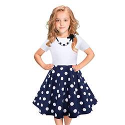 MRULIC Mädchen Abendkleid Vintage Kleid Party Kleid Kostüme Kleider Swing Rockabilly Kleider mit Halskette Größe 6-12 Jahre Kindergarten Uniform(2-Blau,140) von MRULIC