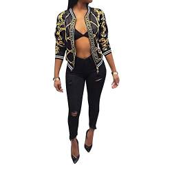 MS Mouse Damen Arbeiten Sie Weinlese Goldkette Druck Short Bomber-Jacken-Mantel Klein Schwarz von MS Mouse