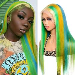 MS.Merry Rainbow Colored Highlight Hair 13 x 4 Lace Front Perücken 30 Zoll 180% Dichte vorgezupft mit Babyhaar Sommer Echthaar Perücken für schwarze Frauen von MS. MERRY