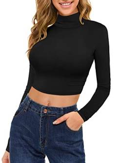 MSBASIC Damen Langarm-Rollkragen-Top Basic Slim Fit Crop T-Shirt, Schwarz, Groß von MSBASIC