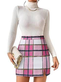 MSBASIC Damen Plaid Rock Hohe Taille Bodycon A Linie Bleistift Mini Herbst Röcke, Pink, Mittel von MSBASIC