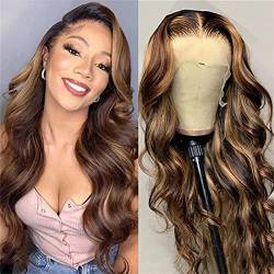 Ombre Highlight Lace Front Wigs Human Hair Msgem 22 inch 13×6 Body Wave Human Hair T Part Wigs 150% Density Brazilian Body Wave HD Lace Wigs Pre Plucked With Baby Hair 4/27 Color von MSGEM