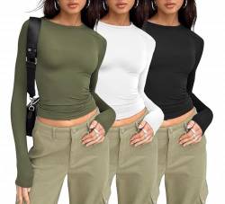 MSIYOW Damen 3 Pack Langarmshirt Tshirts Crop Tops Slim Fit Langarm Shirts Y2K Rundhals Tee Streetwear (L, Grün-Weiß-Schwarz) von MSIYOW