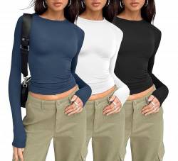 MSIYOW Damen 3 Pack Langarmshirt Tshirts Crop Tops Slim Fit Langarm Shirts Y2K Rundhals Tee Streetwear (L, Marineblau-Weiß-Schwarz) von MSIYOW
