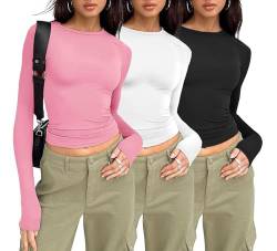 MSIYOW Damen 3 Pack Langarmshirt Tshirts Crop Tops Slim Fit Langarm Shirts Y2K Rundhals Tee Streetwear (L, Rosa-Weiß-Schwarz) von MSIYOW