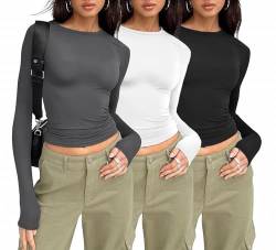 MSIYOW Damen 3 Pack Langarmshirt Tshirts Crop Tops Slim Fit Langarm Shirts Y2K Rundhals Tee Streetwear (M, A Grau-Weiß-Schwarz) von MSIYOW