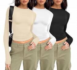 MSIYOW Damen 3 Pack Langarmshirt Tshirts Crop Tops Slim Fit Langarm Shirts Y2K Rundhals Tee Streetwear (M, Beige-Weiß-Schwarz) von MSIYOW