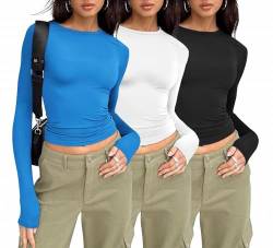 MSIYOW Damen 3 Pack Langarmshirt Tshirts Crop Tops Slim Fit Langarm Shirts Y2K Rundhals Tee Streetwear (M, Blau-Weiß-Schwarz) von MSIYOW