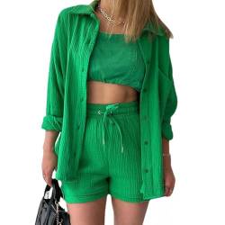 MSIYOW Damen Zweiteiler Sommer Musselin Bluse Hemd und Hosen Shorts Loungewear Damen Set Travel Outfit Elegant (2XL, A Grün) von MSIYOW