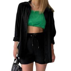 MSIYOW Damen Zweiteiler Sommer Musselin Bluse Hemd und Hosen Shorts Loungewear Damen Set Travel Outfit Elegant (2XL, A Schwarz) von MSIYOW