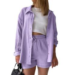 MSIYOW Damen Zweiteiler Sommer Musselin Bluse Hemd und Hosen Shorts Loungewear Damen Set Travel Outfit Elegant (2XL, Hellviolett) von MSIYOW