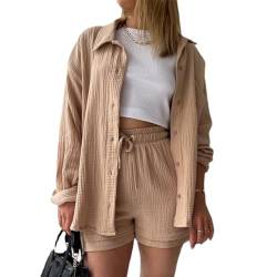 MSIYOW Damen Zweiteiler Sommer Musselin Bluse Hemd und Hosen Shorts Loungewear Damen Set Travel Outfit Elegant (2XL, Khaki) von MSIYOW