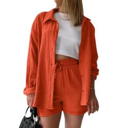 MSIYOW Damen Zweiteiler Sommer Musselin Bluse Hemd und Hosen Shorts Loungewear Damen Set Travel Outfit Elegant (2XL, Orange) von MSIYOW