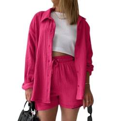 MSIYOW Damen Zweiteiler Sommer Musselin Bluse Hemd und Hosen Shorts Loungewear Damen Set Travel Outfit Elegant (2XL, Rosa) von MSIYOW
