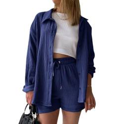 MSIYOW Damen Zweiteiler Sommer Musselin Bluse Hemd und Hosen Shorts Loungewear Damen Set Travel Outfit Elegant (L, Dunkelblau) von MSIYOW