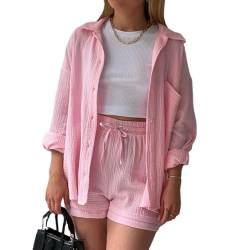 MSIYOW Damen Zweiteiler Sommer Musselin Bluse Hemd und Hosen Shorts Loungewear Damen Set Travel Outfit Elegant (L, Z Hellrosa) von MSIYOW