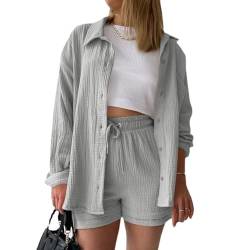 MSIYOW Damen Zweiteiler Sommer Musselin Bluse Hemd und Hosen Shorts Loungewear Damen Set Travel Outfit Elegant (S, Hellgrau) von MSIYOW