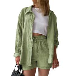 MSIYOW Damen Zweiteiler Sommer Musselin Bluse Hemd und Hosen Shorts Loungewear Damen Set Travel Outfit Elegant (XL, Hellgrün) von MSIYOW