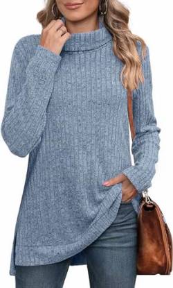 MSIYOW Pullover Damen Schwarzer Rollkragenpullover Sweater Tunika Langarm Strickpullover Damen Langarmshirt Outwear (L, Blau) von MSIYOW