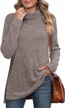 MSIYOW Pullover Damen Schwarzer Rollkragenpullover Sweater Tunika Langarm Strickpullover Damen Langarmshirt Outwear (XL, Graubraun) von MSIYOW