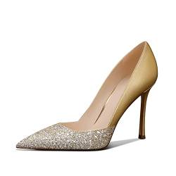 Damen Klassische High Heels Stiletto Pumps mit spitzem Zehenbereich, 8,5 cm, glitzernd, für Hochzeit, Party, Kleid, Gold, 41 EU von MSONLYDN