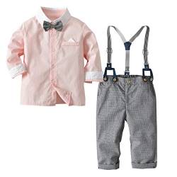 Baby Jungen Formal Outfit Kleinkind Jungen Gentleman Set Langarm Hemd + Hosenträger + Hose + Fliege 4-teilig Hochzeitsanzug, Pink-3, 3-4 Jahre von MSSuger