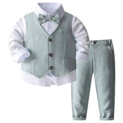 MSemis Baby Jungen Kleidung Set 3 tlg Gentleman Langarm Anzug Baby Taufkleidung Fliege + Weste + Hemd Outfit für Festlich Hochzeit Hellgrün L 80-86 von MSemis
