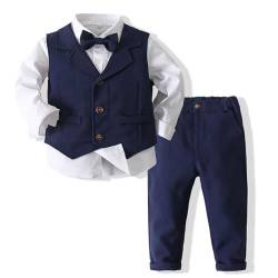 MSemis Baby Jungen Kleidung Set 3 tlg Gentleman Langarm Anzug Baby Taufkleidung Fliege + Weste + Hemd Outfit für Festlich Hochzeit Navy Blue E 104-110 von MSemis