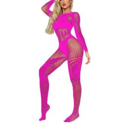 MSemis Bodystocking Damen Nylon Dessous Ouvert Body Ganzkörper Strumpfhose Fischnetz Bodysuits Catsuit Overall Jumpsuit Clubwear Hot Pink F Einheitsgröße von MSemis