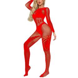 MSemis Bodystocking Damen Nylon Dessous Ouvert Body Ganzkörper Strumpfhose Fischnetz Bodysuits Catsuit Overall Jumpsuit Clubwear Rot F Einheitsgröße von MSemis