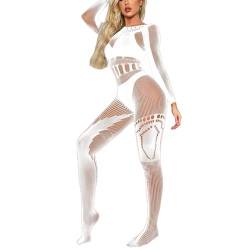 MSemis Bodystocking Damen Nylon Dessous Ouvert Body Ganzkörper Strumpfhose Fischnetz Bodysuits Catsuit Overall Jumpsuit Clubwear Weiß F Einheitsgröße von MSemis