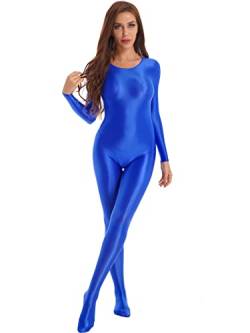 MSemis Damen Bodystocking Glänzend Bodysuit Langärmlige Glatt Einfarbig mit Rückenreißverschluss Unterwäsche Sommer Overall Nachtwäsche Blau M von MSemis