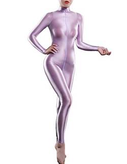 MSemis Damen Glänzend Overalls Ganzkörper Anzug Body Einteiler Bodysuit Jumpsuit Glossy Glatt Strupmhose Leggings Unterwäsche A Lavendel Einheitsgröße von MSemis