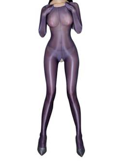 MSemis Damen Glänzende Bodystocking Durchsichtige Bodysuit Öl Ganzkörper Babydoll Dessous Erotik Jumpsuit Nachtwäsche Grau B XL von MSemis