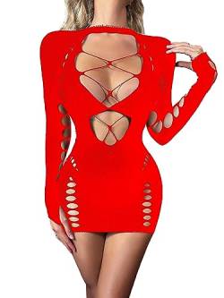 MSemis Damen Netzkleid Netz-Top Sexy Dessous Negligee Transparent Mesh Mini Kleid Hollow Out Nachthkleid Babydoll Nachtwäsche Rot F Einheitsgröße von MSemis