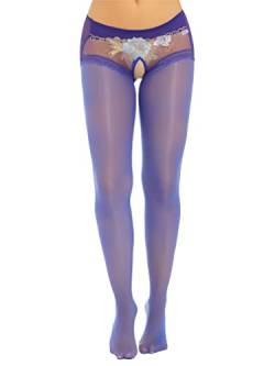 MSemis Damen Ouvert-Hose Glanz Strumpfhose Legging Durchsichtige Lange Hose Body Stockings Babydoll Erotik Dessous Reizwäsche Royal Blue A L von MSemis