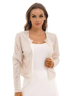 MSemis Damen Pailletten Bolero Jacke Disco Langarm Glitzer beschnitten Bolero Shrug Bolerojacke Champagne XL von MSemis